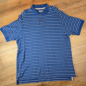 Duluth Trading Men’s Striped Polo Shirt Large Blue White Cotton Blend Collared